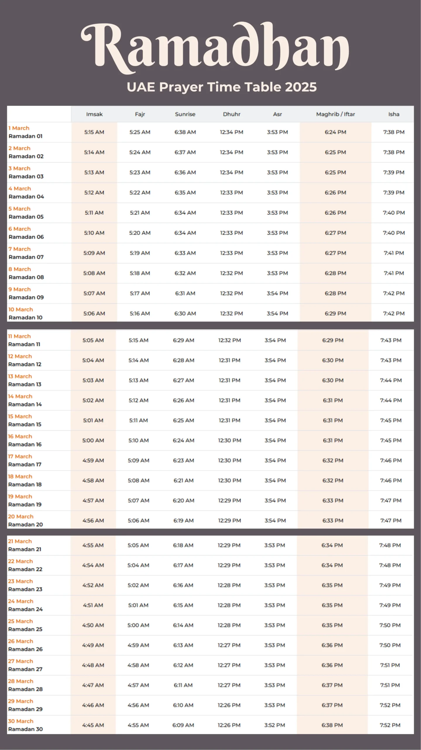 UAE Ramadan Prayer Timings
